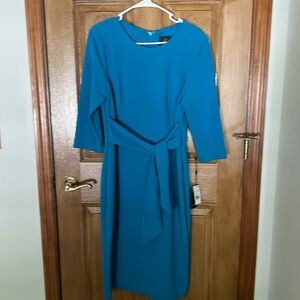 Blue dress, tie front, business professional